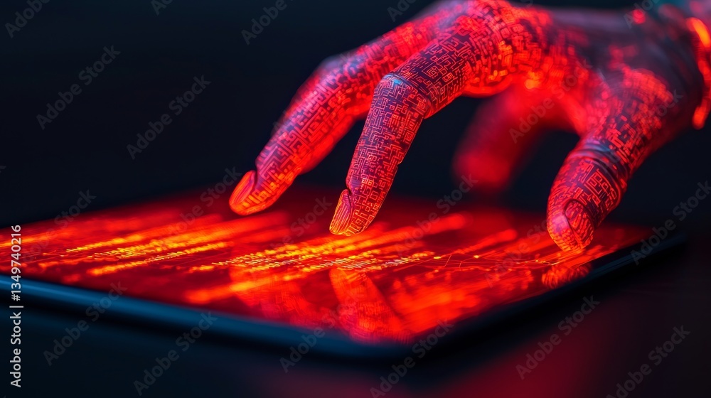 Poster futuristic robotic hand interaction digital environment technology showcase neon glow close-up view 
