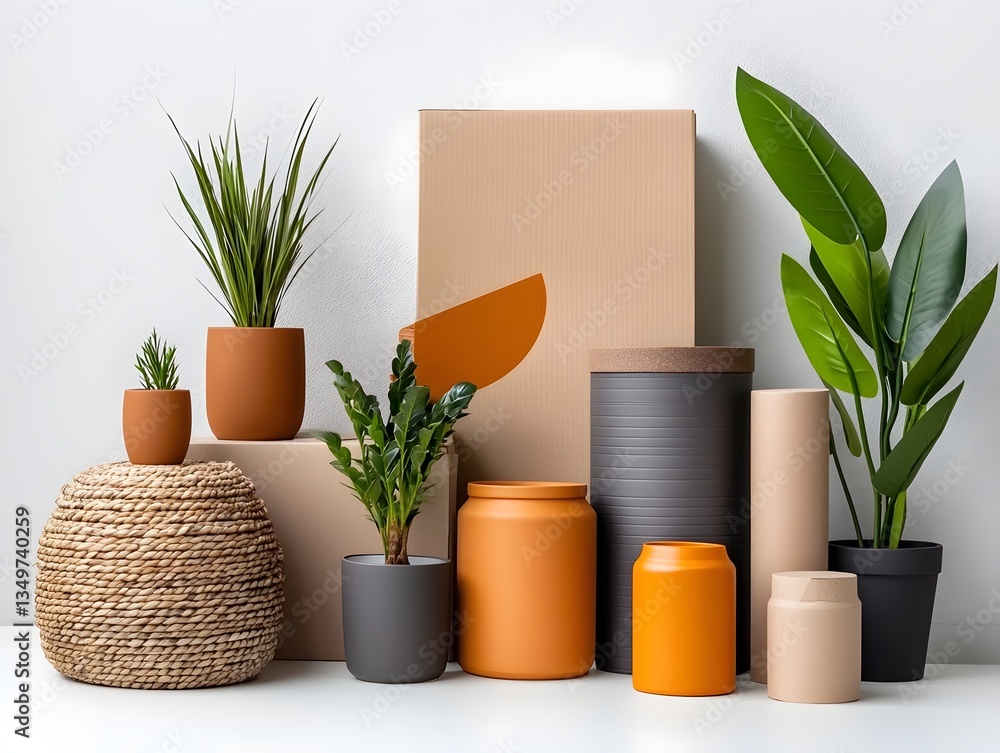 Poster overhead view of an eclectic mix of storage containers cardboard boxes wicker baskets and metallic c