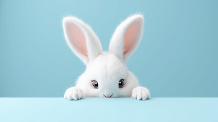 Obraz premium cute white rabbit with large ears peeks over blue surface, exuding playful charm