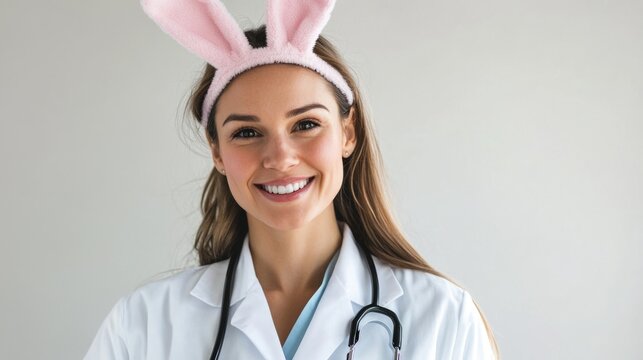 Smiling young caucasian female doctor with bunny ears and stethoscope. Easter, Pascha, Paskha, Ostern, Pascua, Paques - Orthodox and Catholic Holiday celebration