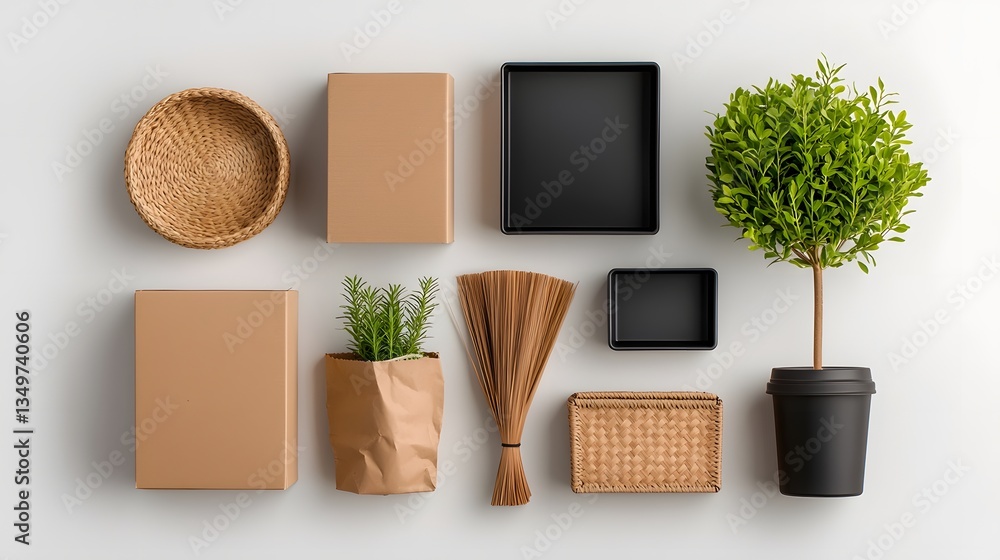 Poster overhead view showcasing an array of diverse storage solutions including cardboard boxes wicker bask