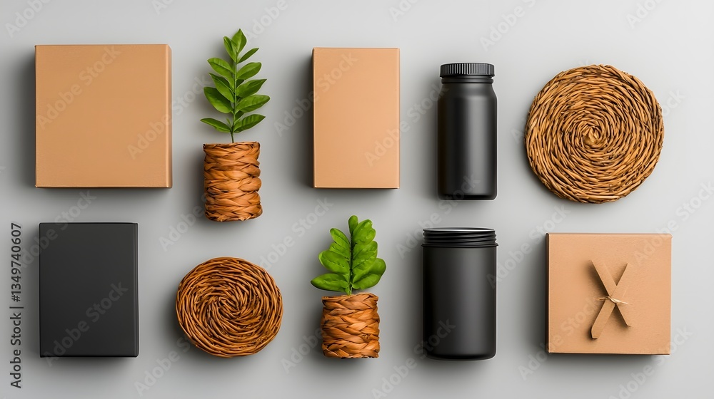 Poster overhead view showcasing a curated collection of various storage containers including rustic cardboa