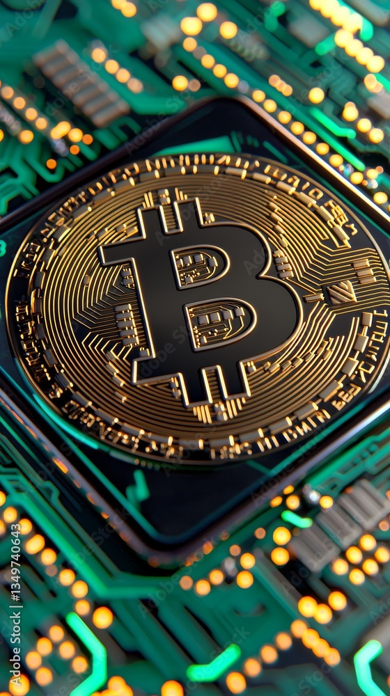 Poster close-up of bitcoin cryptocurrency on circuit board technology digital art macro view investment con