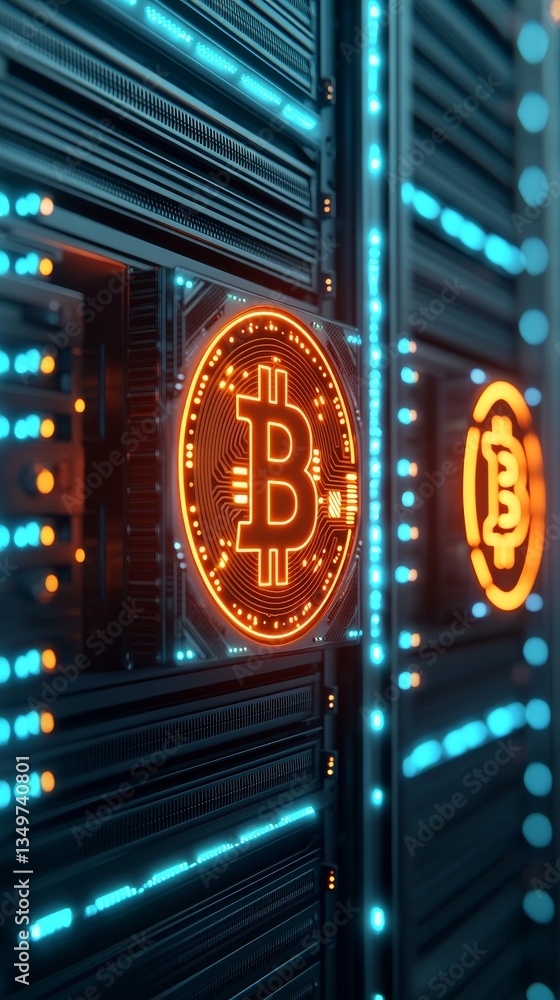 Aufkleber glowing bitcoin symbol on server cryptocurrency data center digital art high-tech environment close-