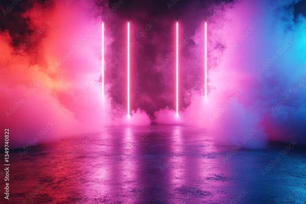 Poster colorful neon lights illuminate a foggy space with dramatic blue and red hues creating an immersive 