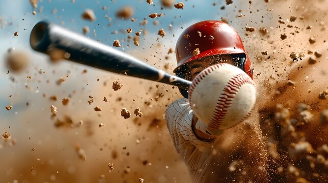 Powerful baseball player swinging the bat ball slamming into the field with a dramatic dust plume erupting - Powered by Adobe