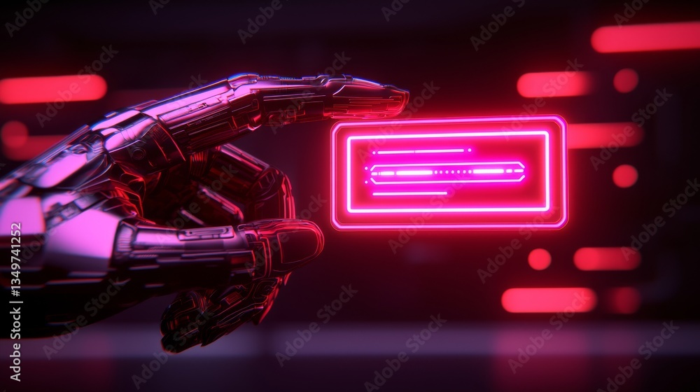 Aufkleber futuristic robot hand interaction with neon card high-tech lab digital art sci-fi environment close-