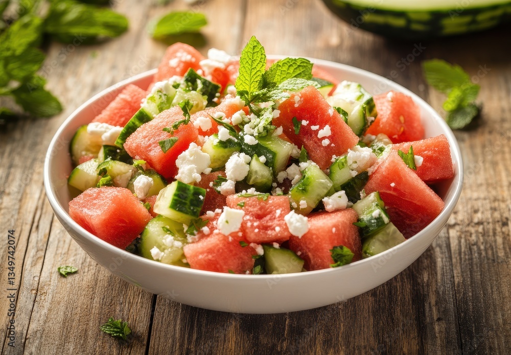 Poster refreshing watermelon salad with cucumber and mint on rustic wooden table garnished with crumbled ch