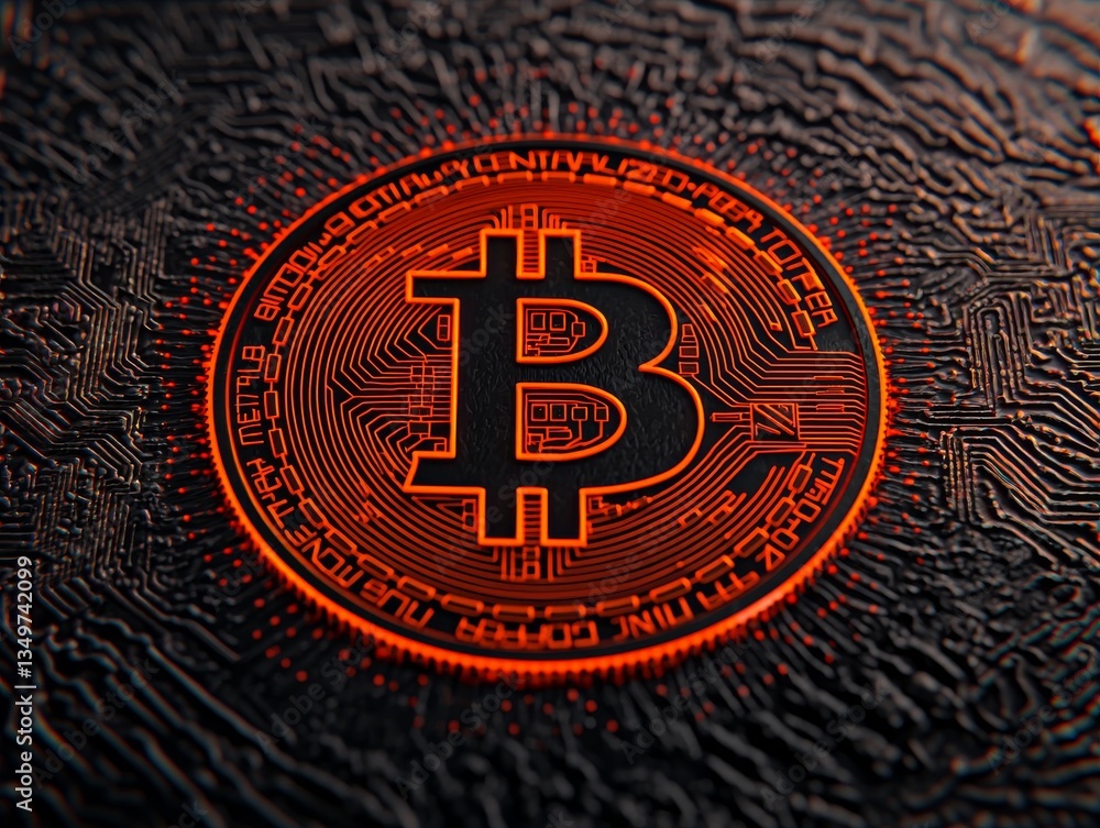 Poster illuminated bitcoin cryptocurrency symbol digital realm graphic representation tech environment clos