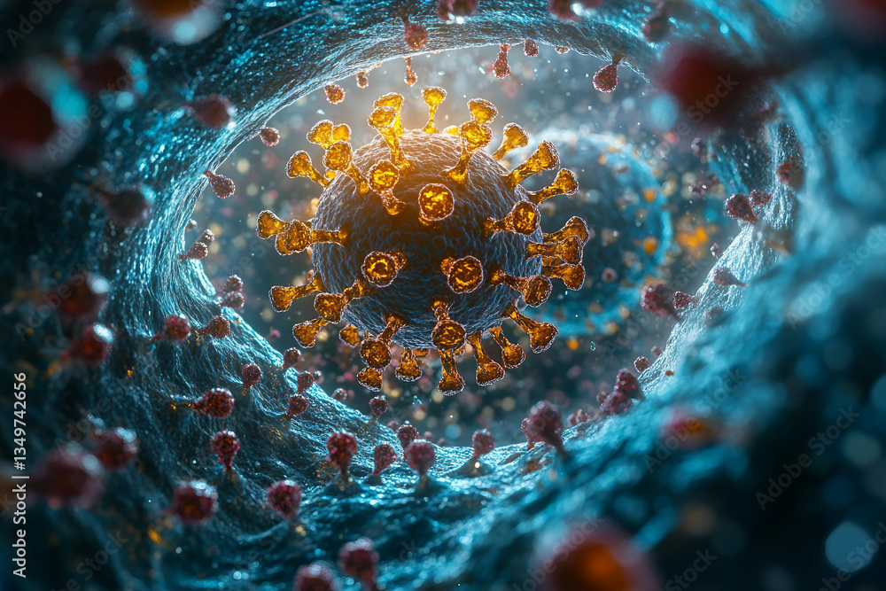 Poster generative ai close-up of virus structures with detailed molecular design and glowing particle effec