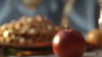 Fototapeta premium Blurred Background Autumnal Still Life Red Apple Golden Dessert Sweet Treat Delicious Food Photography Warm Colors Cozy Fall Scene Festive Table 