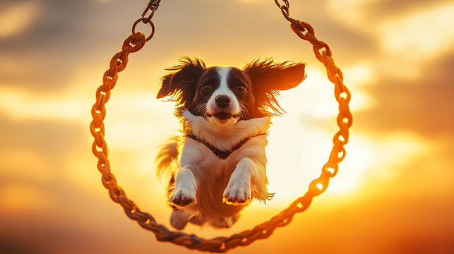 Energetic border collie displaying exceptional agility and strength while hanging from a chain in a thrilling and engaging outdoor setting.