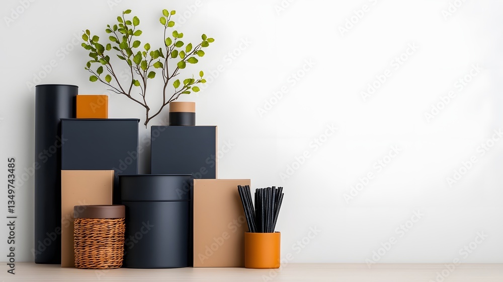 Poster stylish and practical home organization display featuring a collection of storage boxes baskets and 