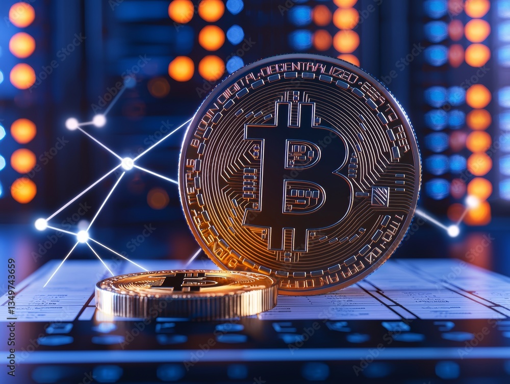 Poster golden bitcoin cryptocurrency on digital platforms blockchain technology graphic design futuristic c