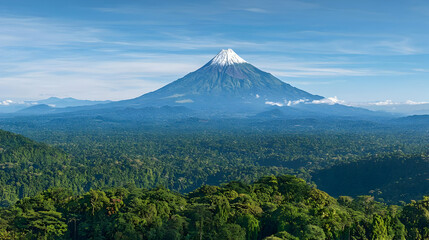 Fototapeta premium Snow Capped Volcano Over Lush Green Forest Landscape