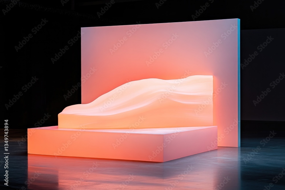 Poster podium in vibrant fluorescent colors with abstract forms illuminated in dramatic setting to emphasiz