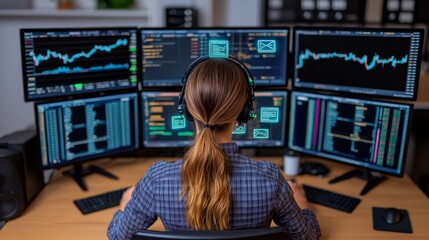 Woman Stock Trader Analyzing Financial Data in Modern Office Environment with Multiple Monitors