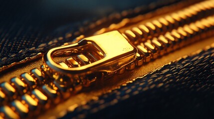 Gold zipper close-up, fabric texture, dark background
