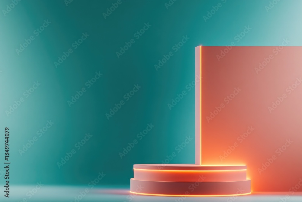 Poster podium in vibrant fluorescent colors with abstract forms illuminated in dramatic setting to emphasiz