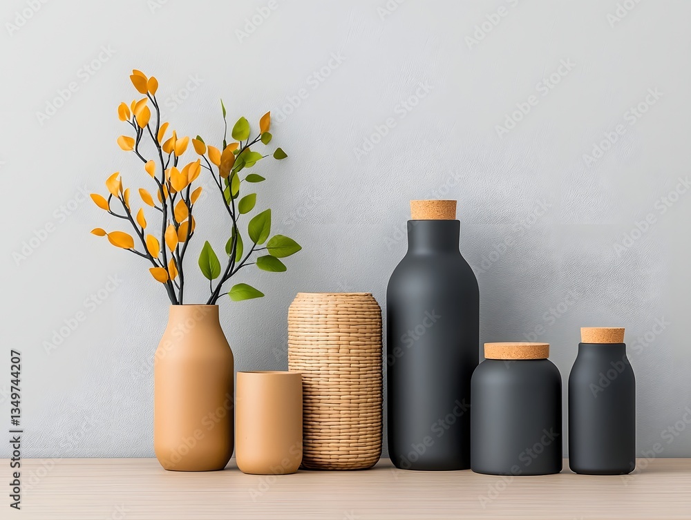 Poster stylized assortment of cardboard wicker and metal storage containers arranged on a light wooden tabl