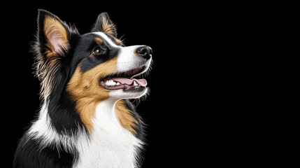 Shetland Sheepdog with joyful expression against black background