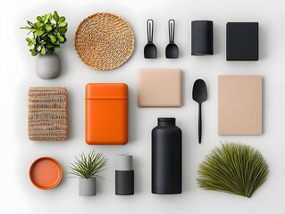 This elegantly arranged minimalist still life photography features an array of diverse storage containers  cardboard  wicker  and metal pieces in various shapes and dimensions