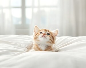 Cute Kitten on White Bed.