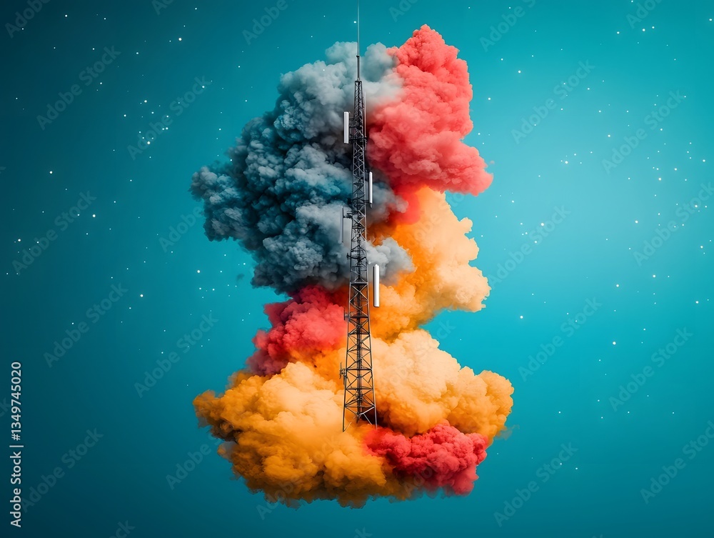 Poster towering antenna structure beaming data through a dramatic otherworldly sky filled with glowing pris