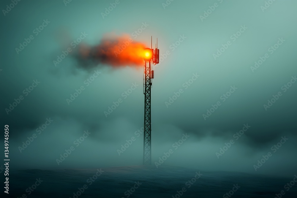Poster towering broadcast tower emitting powerful radio signals against a dramatic moody skyline with vibra