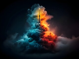 Obraz premium Towering antenna structure beaming data through a dramatic otherworldly sky filled with glowing prismatic clouds cascading auroras and distant stellar formations captured in a dynamic