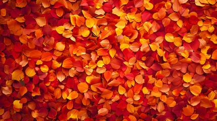 Fototapeta premium Vibrant autumn leaves in shades of red, orange, and yellow, a warm seasonal background with detailed textures and bright colors.