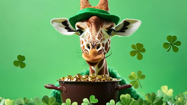 A smiling giraffe wearing a green leprechaun hat and bow tie, posing against a green background.
