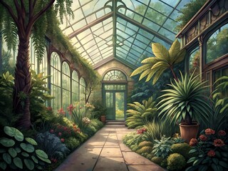 Sunlit Conservatory with Lush Tropical Plants