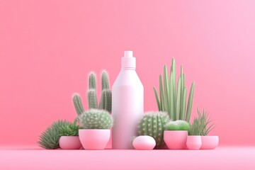 Minimalist beauty product display with succulents and cacti.  A blank bottle sits amongst various potted plants on a pink background