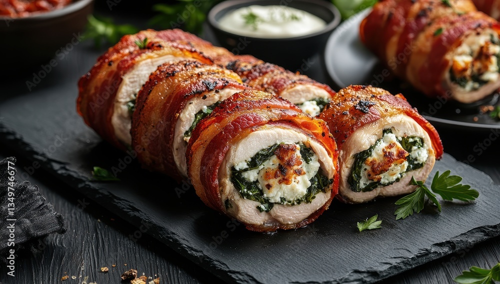 Poster savory chicken roll with spinach and cheese wrapped in crispy bacon on slate serving board with gree