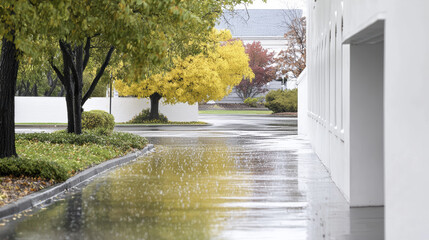serene rainy landscape featuring wet pavement, colorful autumn trees, and peaceful atmosphere