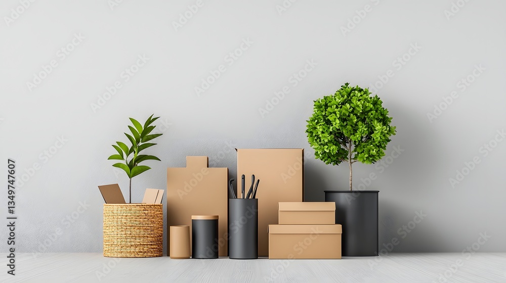 Poster visually appealing arrangement of various storage containers cardboard boxes wicker baskets and meta