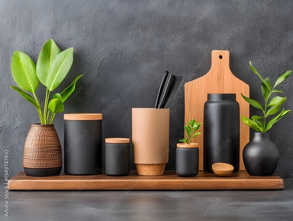 Poster visually appealing home organization display with diverse crafted storage containers on rustic woode