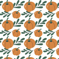 Seamless pattern of orange pumpkins and green leaves on a white background. Vector illustration perfect for autumn-themed designs, textiles, and decorative projects.