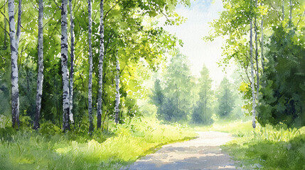 Obraz premium serene watercolor painting of lush forest path surrounded by vibrant green trees, inviting tranquility and peace