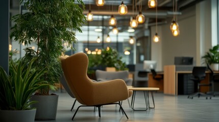 Dynamic Office Discussion in Modern Workspace with Comfy Furniture and Green Plants