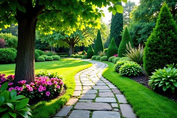 Stone pathway winding through manicured garden , contrast, hedge, arrangement