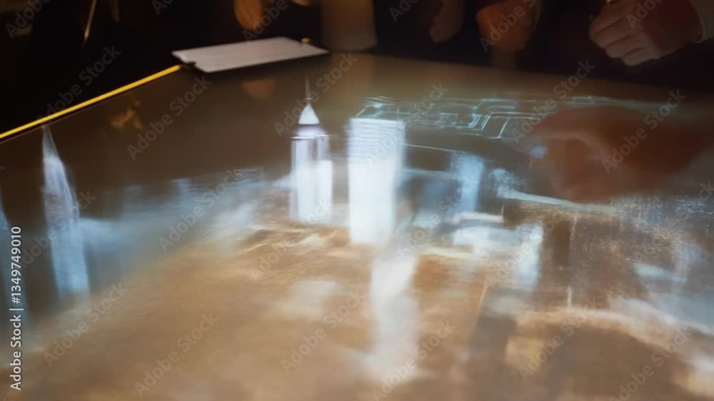 Poster businesspeople interacting with a futuristic interactive display showing a 3d model of a smart city 