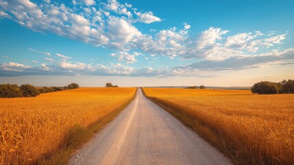 Fototapeta premium Golden wheat field stretches under a blue sky with textured clouds