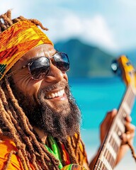 A joyful musician with dreadlocks and sunglasses plays guitar on a sunny beach, embodying freedom and creativity amidst stunning tropical scenery.