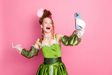 Playful Modern Twist of Past Aristocracy with a Young Woman in Green Gown