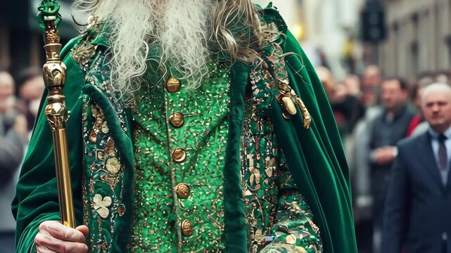 Fantasy character dressed as a wizard with a long white beard and green cloak, evoking magic and mythology.
