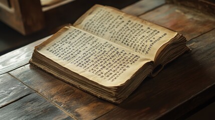 Antique open book on wooden table, historical ambiance