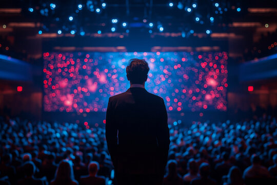 visionary tech CEO stands confidently on grand stage, addressing captivated audience. vibrant backdrop of lights creates inspiring atmosphere, highlighting innovation and leadership