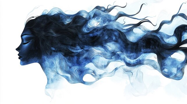 an abstract watercolor representation of Nephthys with black and blue mourning waves